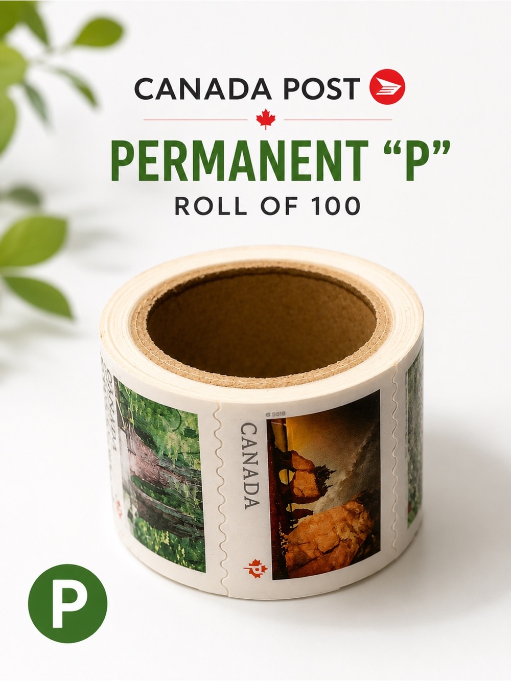 Canada Post Permanent P Stamps Roll of 100 | Forever Domestic Postage | New